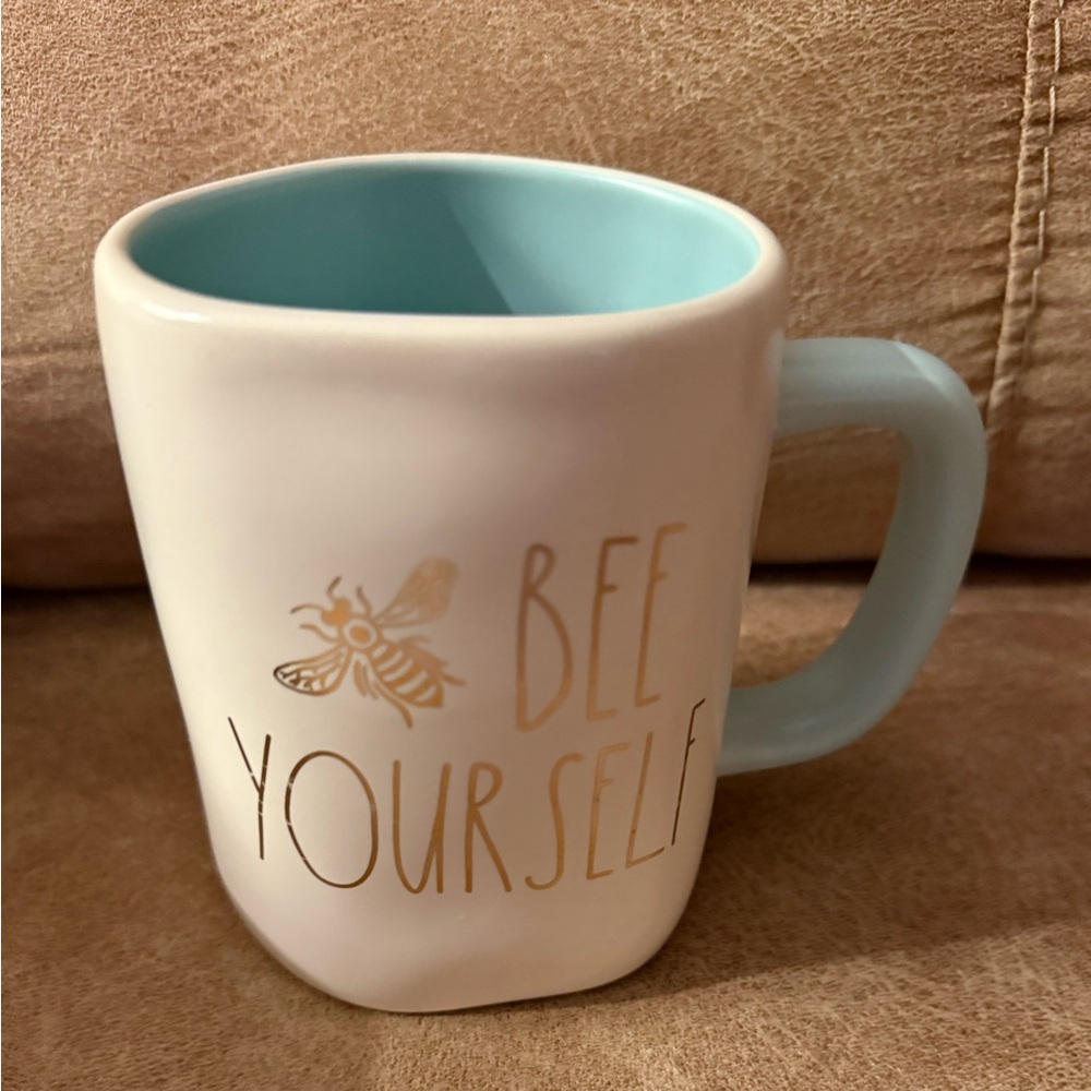 Rae Dunn Gold BEE YOURSELF Mug Ivory with Blue Artisan by Magenta Coffee Mug